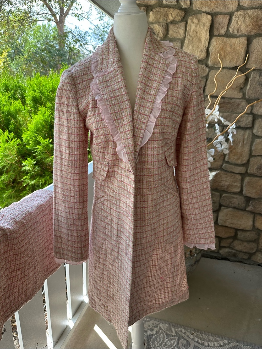 Pink Tweed Ruffle-Trim Suite,  Coat Jacket with matching a line skirt
